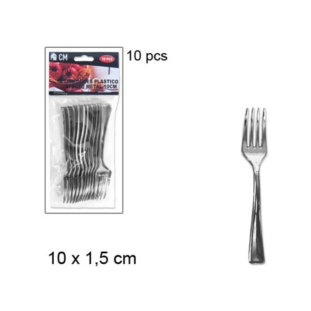 10 tenedores plástico efecto metal 10 centímetros