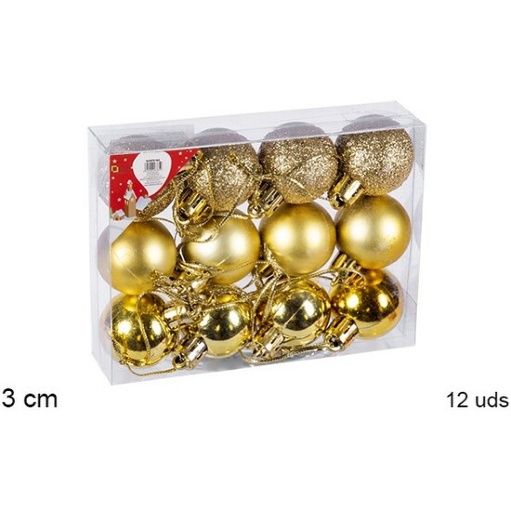 12 bolas oro brillo/mate/purpurina 3 centímetros