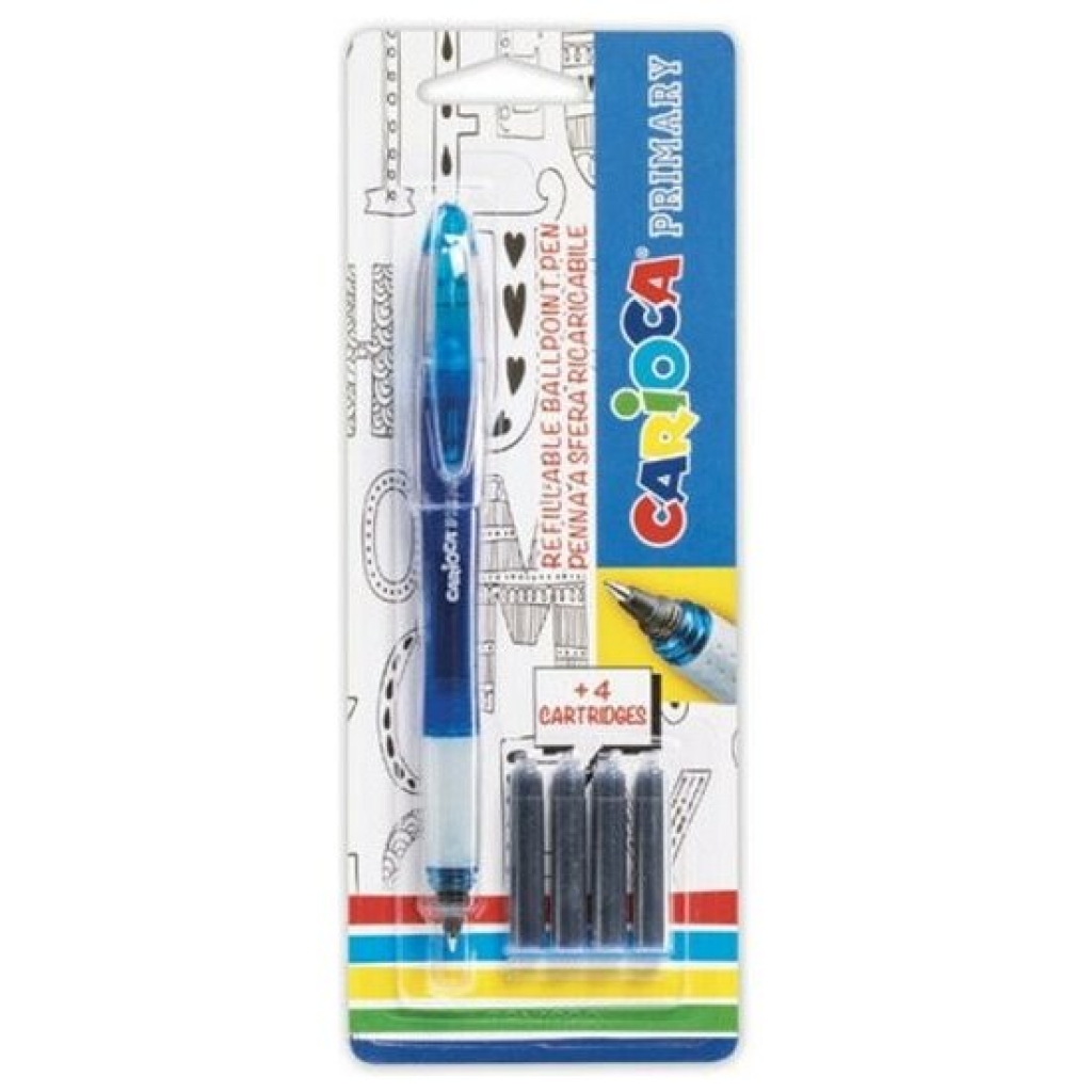 Boligrafo pluma con punta roller + 4 cartuchos colores surt.