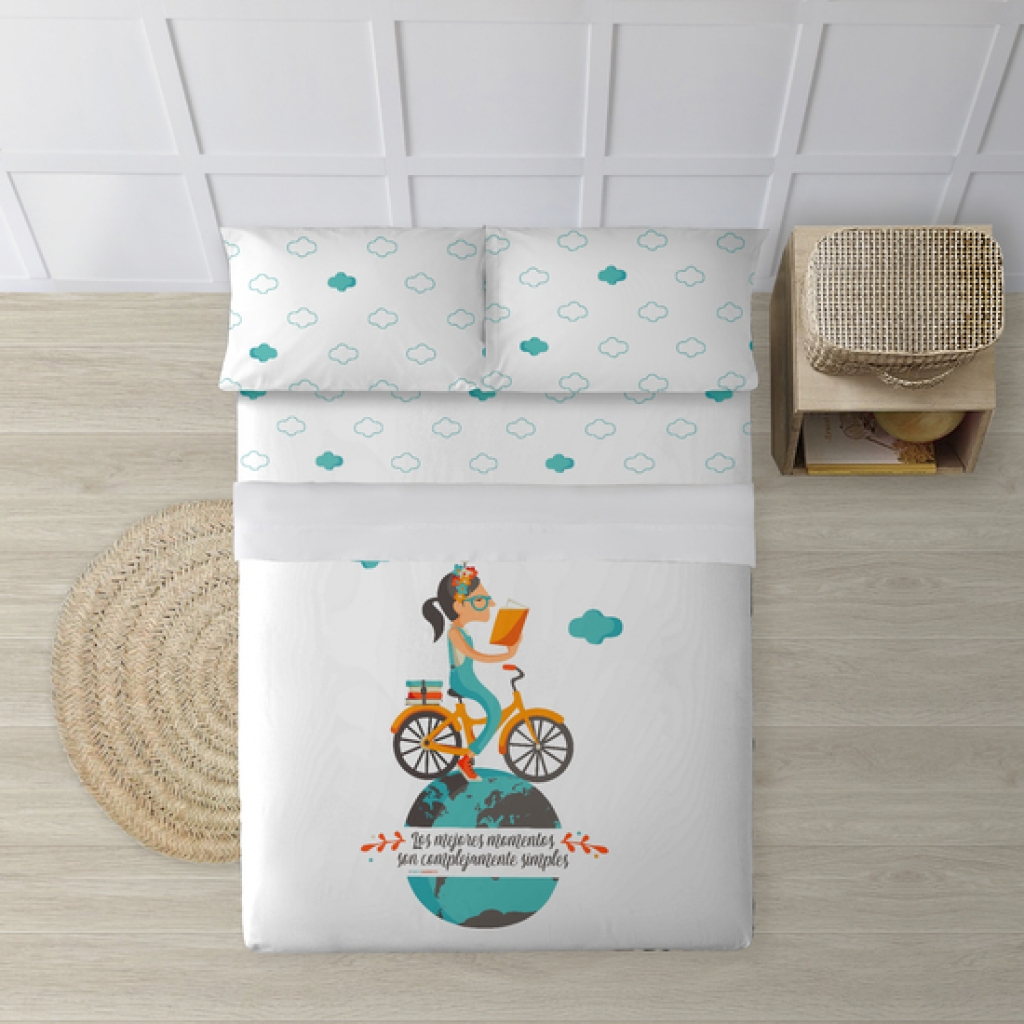 Juego de sábanas con almohada y bajera estampadas a juego 100% algodón modelo bici para cama de 135/140 (210x270)