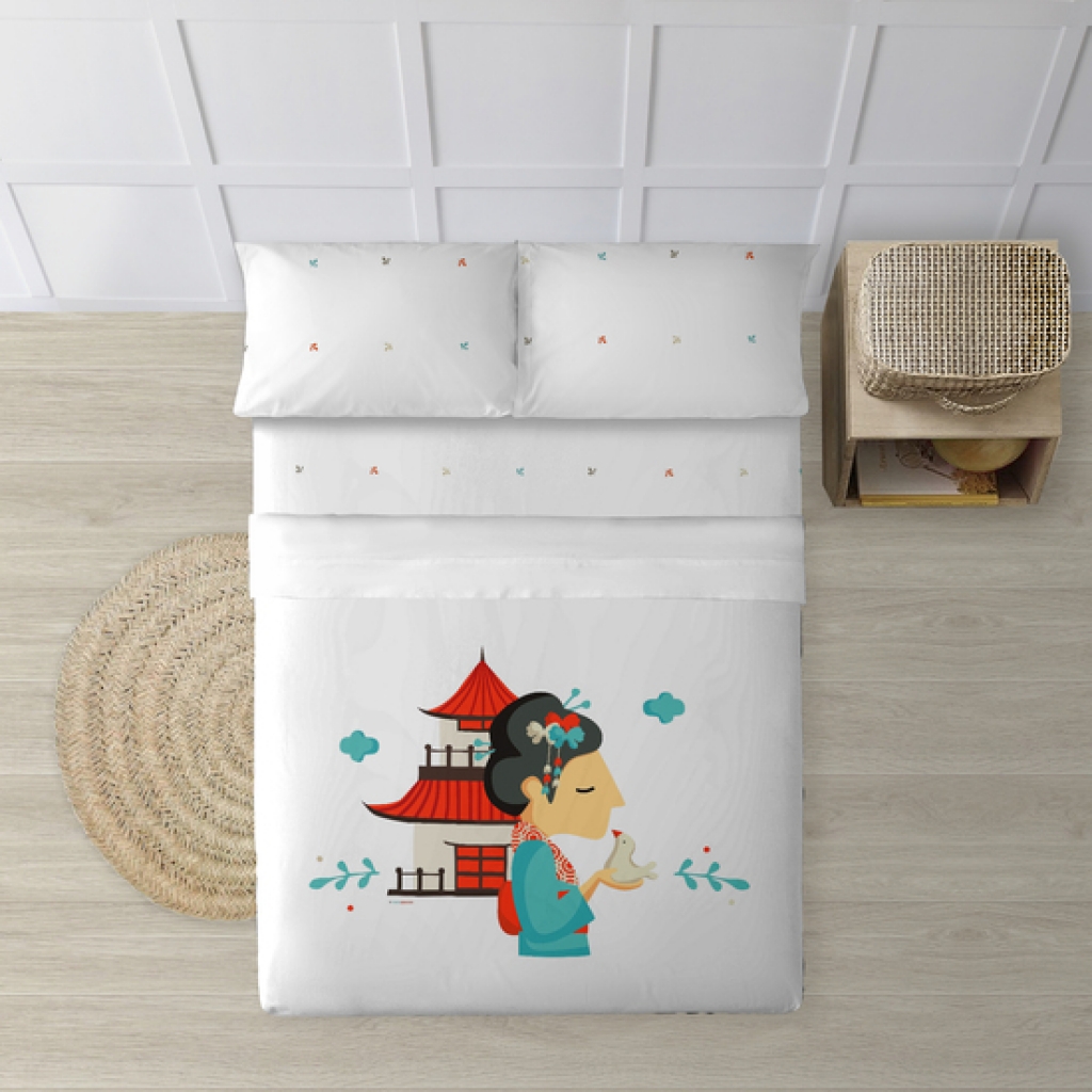Juego de sábanas con almohada y bajera estampadas a juego 100% algodón modelo japonesa para cama de 135/140 (210x270)