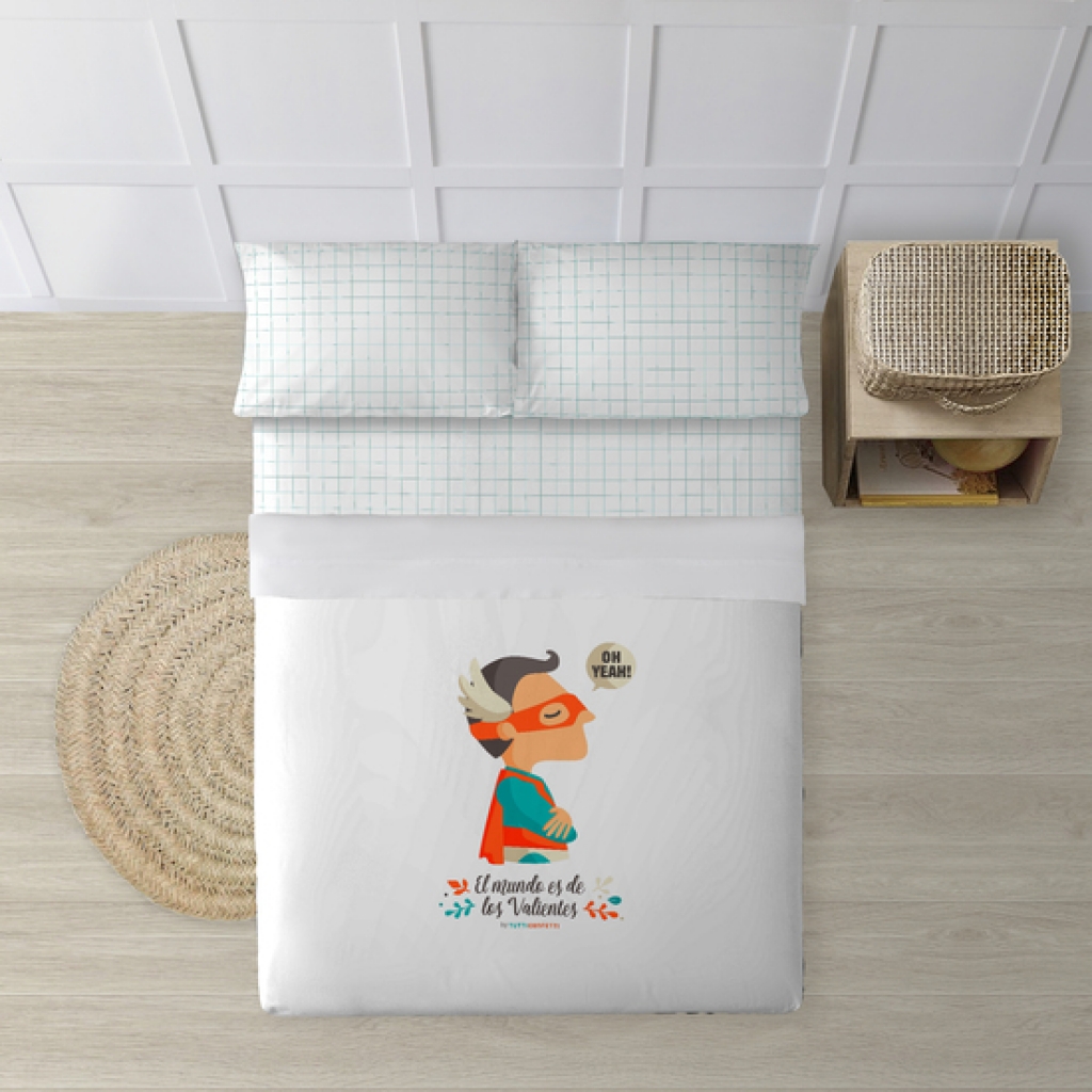 Juego de sábanas con almohada y bajera estampadas a juego 100% algodón modelo superheroe chico para cama de 135/140 (210x270)