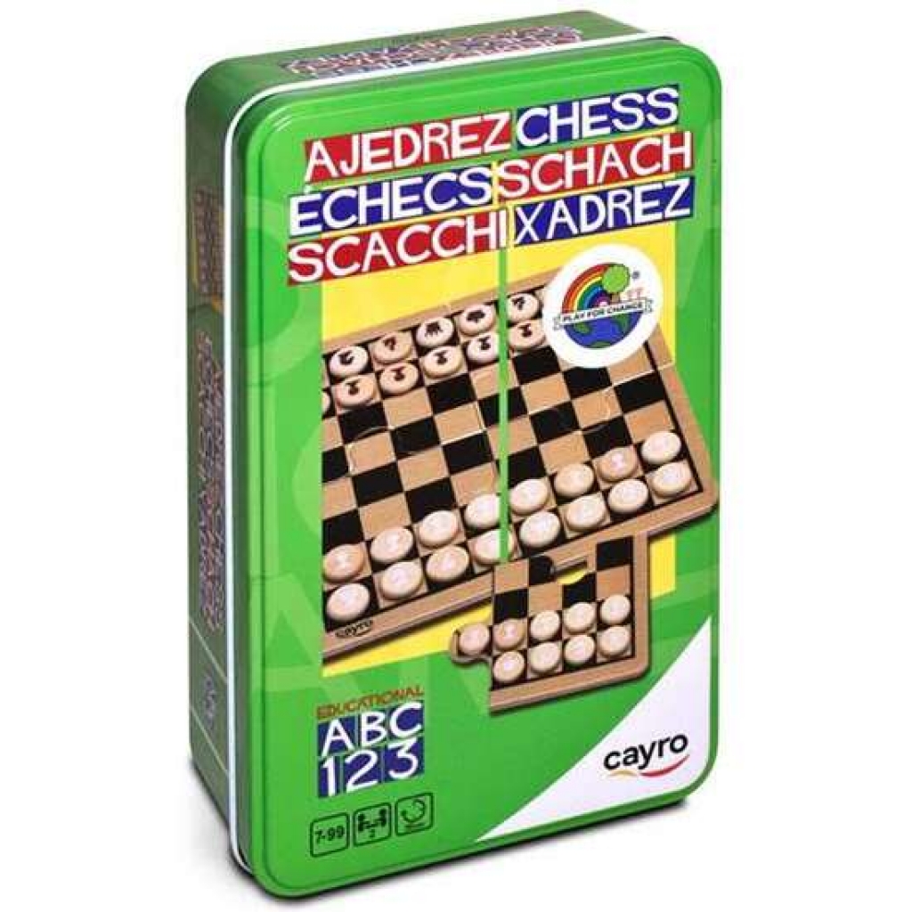 Juego ajedrez de madera en caja de metal 12x19,5x5 centímetros