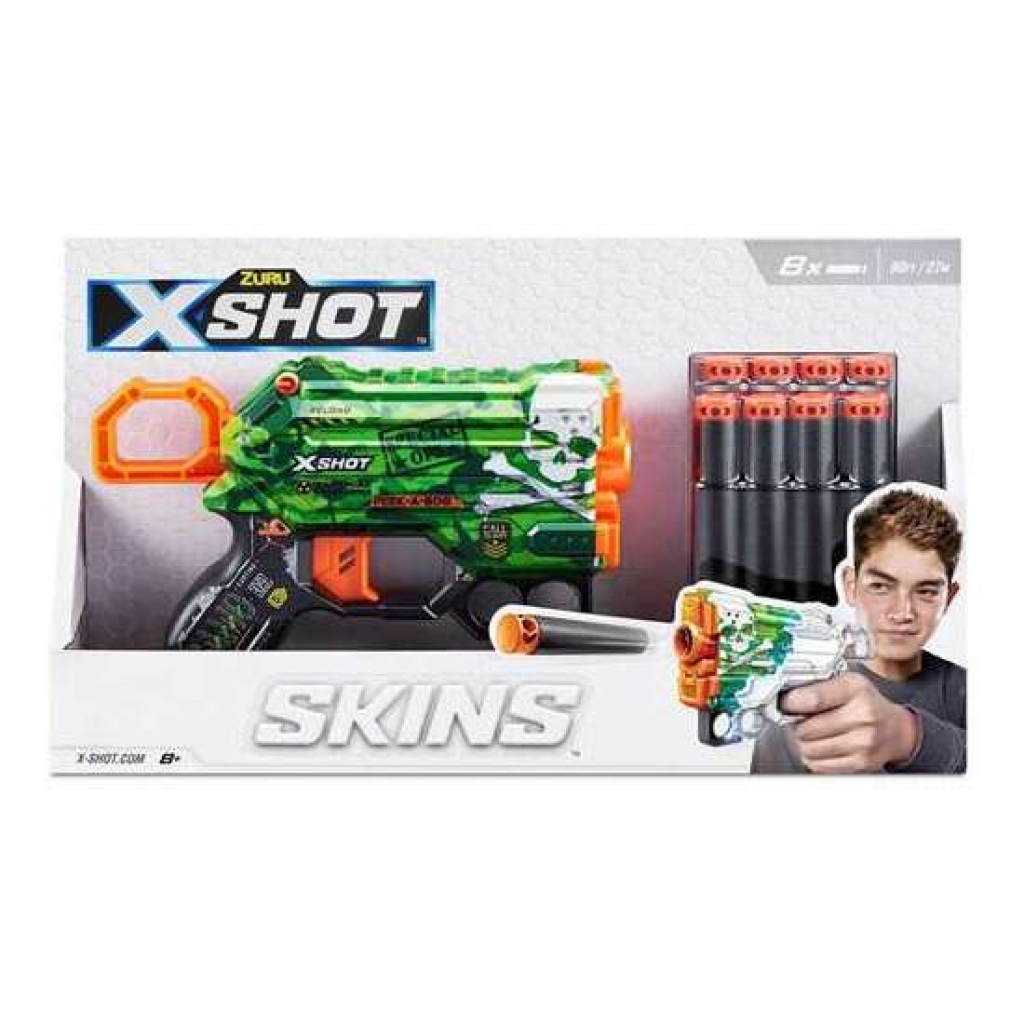 Pistola x-shot skins menace, incluye 8 dardos, 15x9x3 centímetros - modelos surtidos