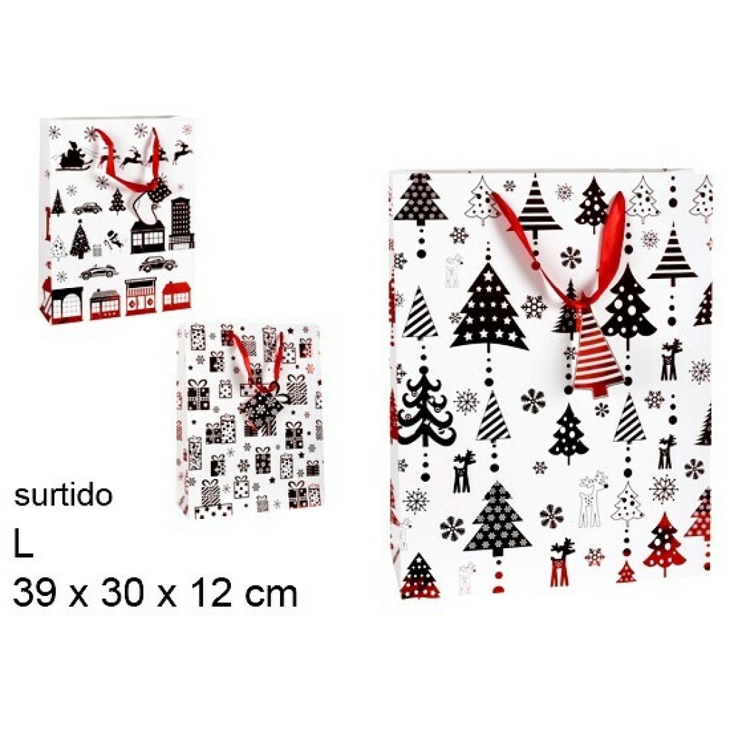 Bolsa regalo navidad decorado negro/rojo surtido l 39x30x12 centímetros